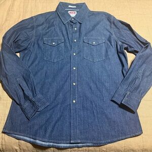 Wrangler Mens Large Slim Blue Indigo Denim Pearl Snap Western Shirt Long Sleeve